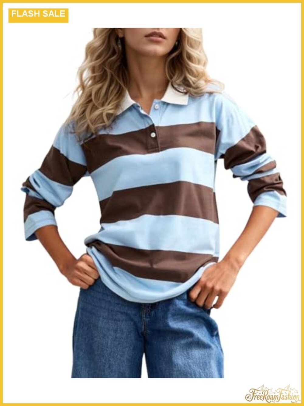 Womens Striped Polo Long Sleeve Color Block Rugby Tshirt Loose Fit Workout Top